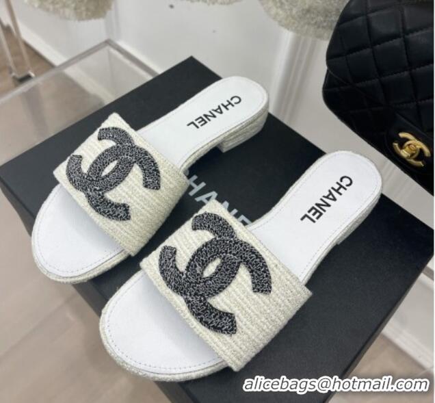 Good Quality Chanel CC Tweed Flat Slide Sandals White 428156