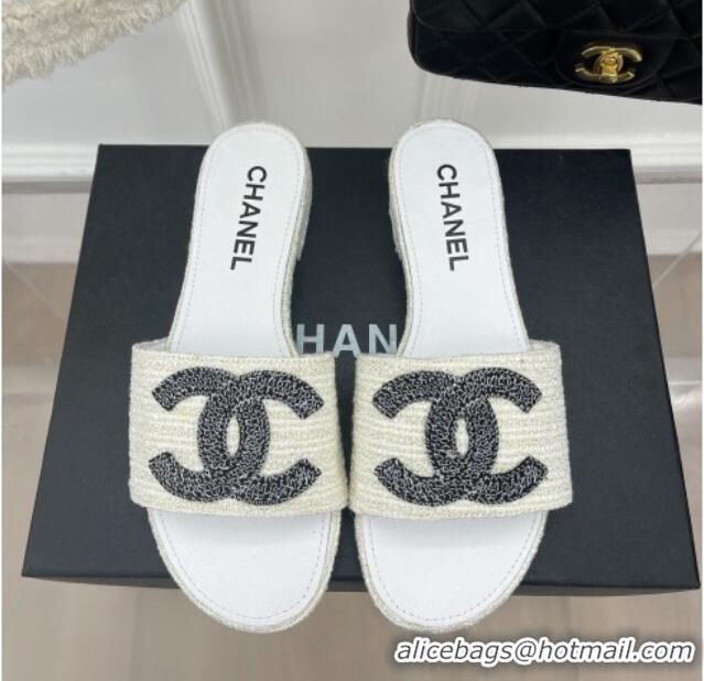 Good Quality Chanel CC Tweed Flat Slide Sandals White 428156