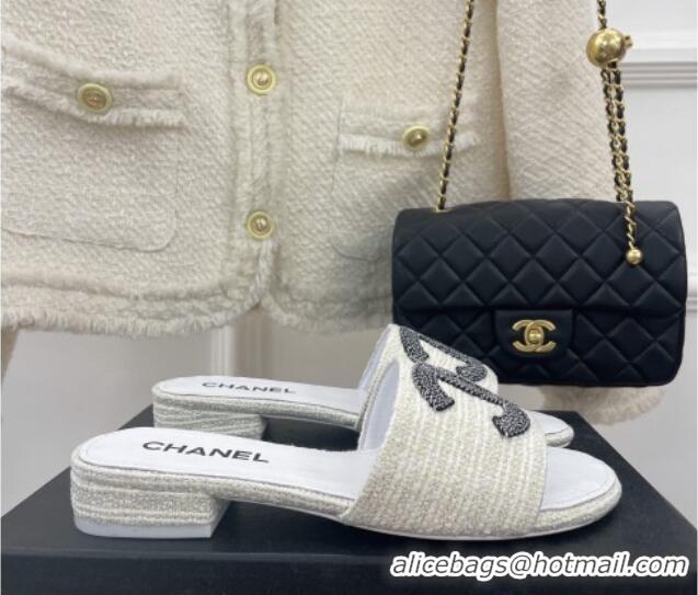 Good Quality Chanel CC Tweed Flat Slide Sandals White 428156