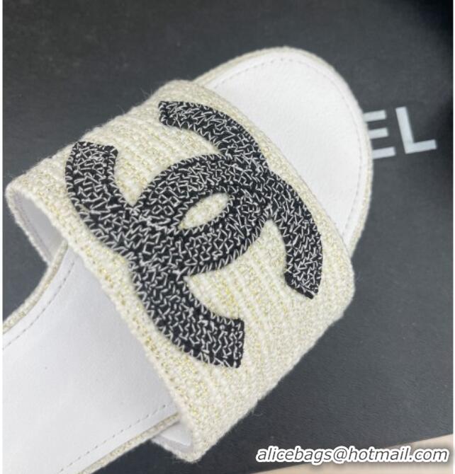 Good Quality Chanel CC Tweed Flat Slide Sandals White 428156