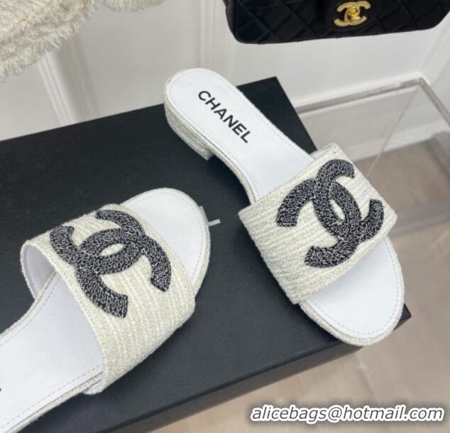 Good Quality Chanel CC Tweed Flat Slide Sandals White 428156