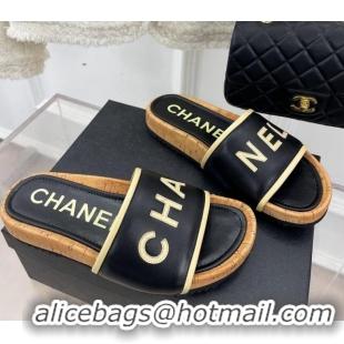 Charming Chanel Calfskin Flat Slide Sandals Black 0504083