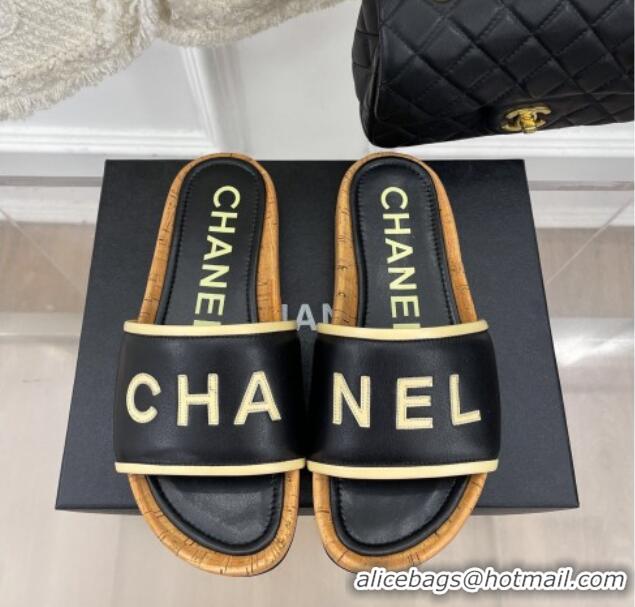 Charming Chanel Calfskin Flat Slide Sandals Black 0504083