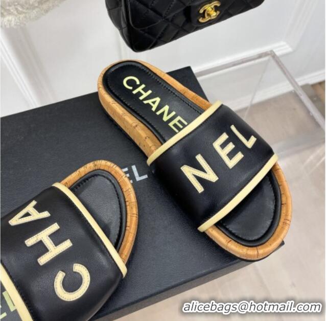 Charming Chanel Calfskin Flat Slide Sandals Black 0504083