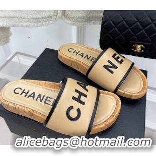 Good Product Chanel Calfskin Flat Slide Sandals Beige 504084