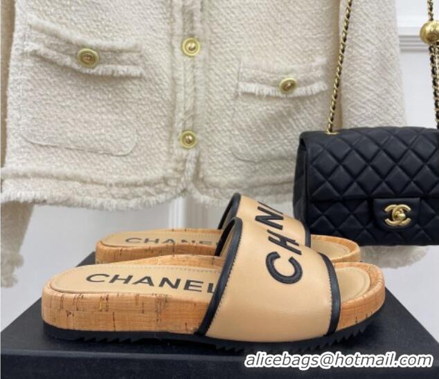 Good Product Chanel Calfskin Flat Slide Sandals Beige 504084