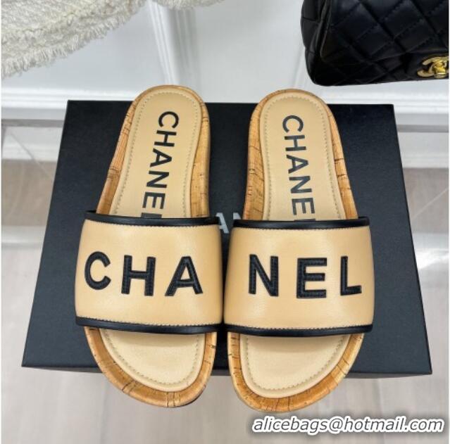 Good Product Chanel Calfskin Flat Slide Sandals Beige 504084