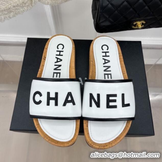 Grade Quality Chanel Calfskin Flat Slide Sandals White 504085