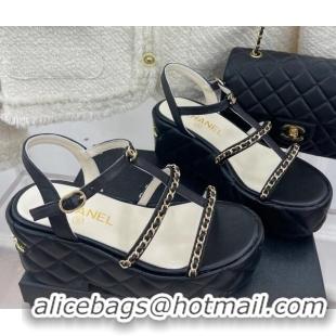 Best Price Chanel Calfskin Wedge Sandals with Chain 7.5cm Black 0504086