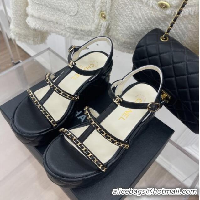 Best Price Chanel Calfskin Wedge Sandals with Chain 7.5cm Black 0504086