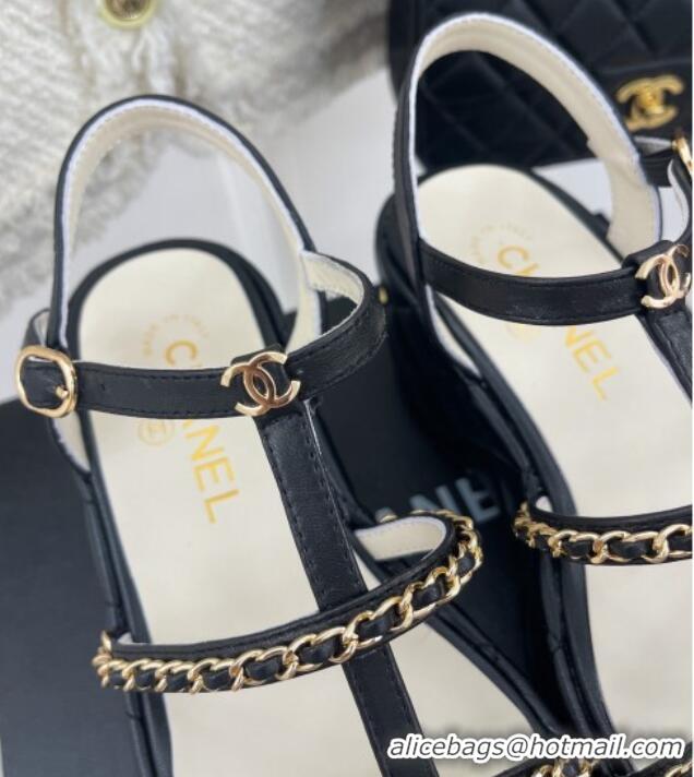 Best Price Chanel Calfskin Wedge Sandals with Chain 7.5cm Black 0504086