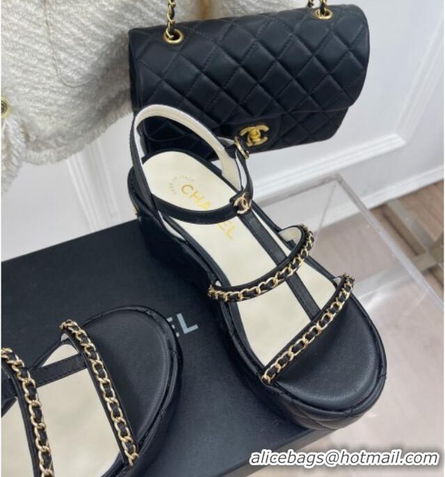 Best Price Chanel Calfskin Wedge Sandals with Chain 7.5cm Black 0504086