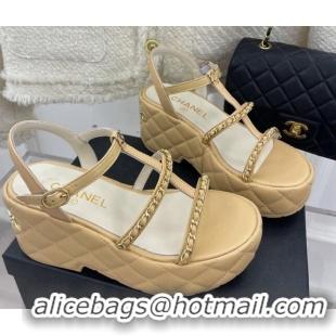 Classic Hot Chanel Calfskin Wedge Sandals with Chain 7.5cm Beige 504087