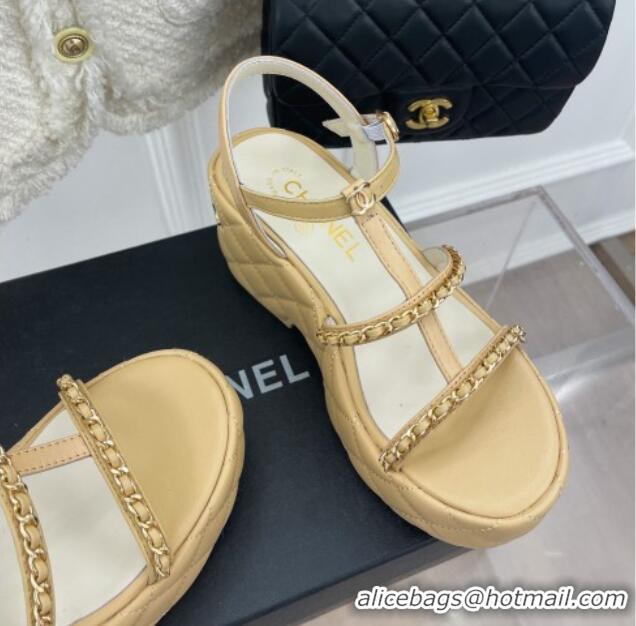 Classic Hot Chanel Calfskin Wedge Sandals with Chain 7.5cm Beige 504087