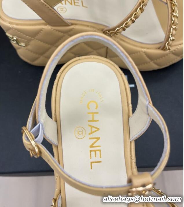 Classic Hot Chanel Calfskin Wedge Sandals with Chain 7.5cm Beige 504087