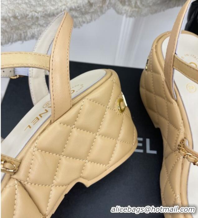 Classic Hot Chanel Calfskin Wedge Sandals with Chain 7.5cm Beige 504087