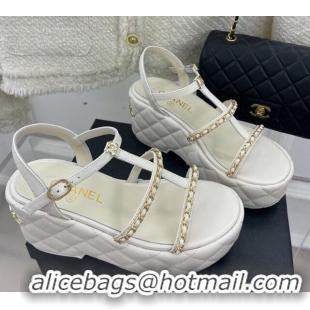 Luxurious Chanel Calfskin Wedge Sandals with Chain 7.5cm White 504088