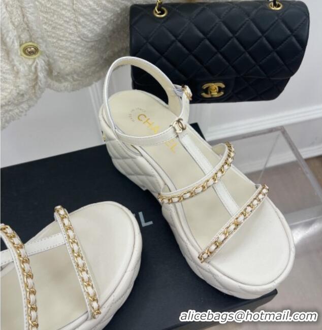 Luxurious Chanel Calfskin Wedge Sandals with Chain 7.5cm White 504088