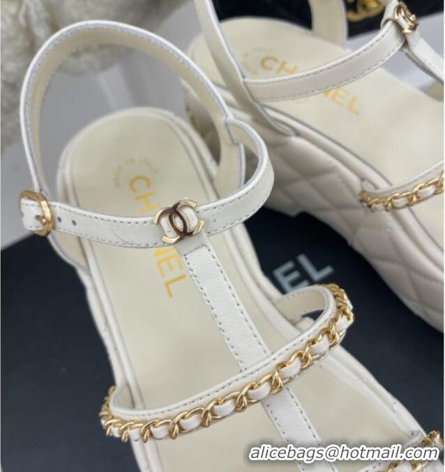 Luxurious Chanel Calfskin Wedge Sandals with Chain 7.5cm White 504088