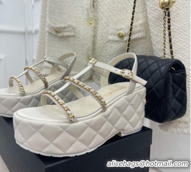 Luxurious Chanel Calfskin Wedge Sandals with Chain 7.5cm White 504088