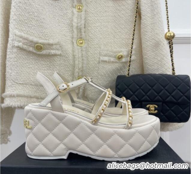 Luxurious Chanel Calfskin Wedge Sandals with Chain 7.5cm White 504088