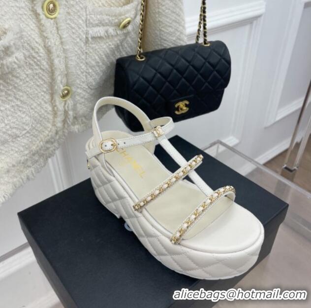 Luxurious Chanel Calfskin Wedge Sandals with Chain 7.5cm White 504088