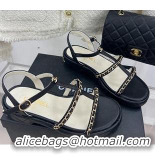 Good Product Chanel Calfskin Wedge Sandals with Chain 3cm Black 504089