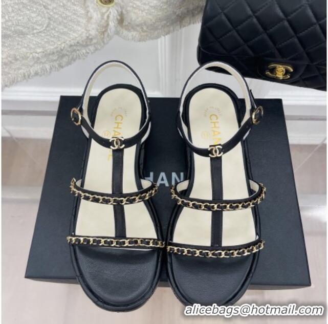 Good Product Chanel Calfskin Wedge Sandals with Chain 3cm Black 504089