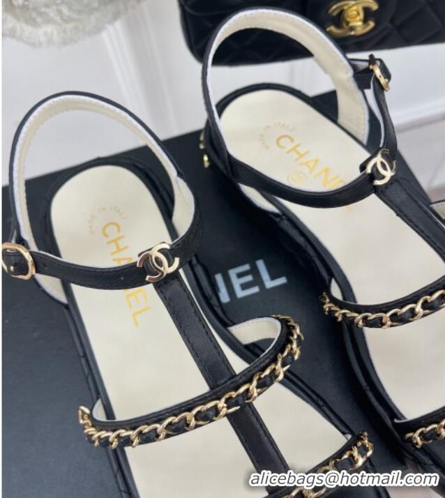 Good Product Chanel Calfskin Wedge Sandals with Chain 3cm Black 504089