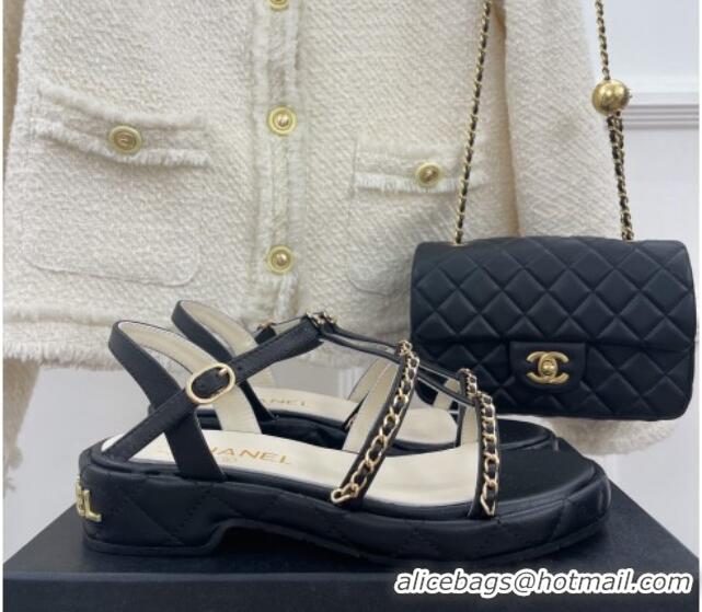 Good Product Chanel Calfskin Wedge Sandals with Chain 3cm Black 504089