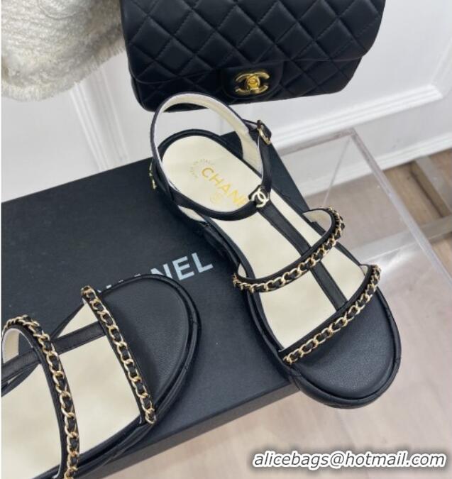 Good Product Chanel Calfskin Wedge Sandals with Chain 3cm Black 504089