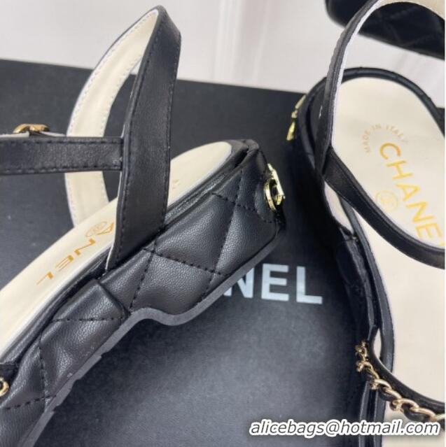 Good Product Chanel Calfskin Wedge Sandals with Chain 3cm Black 504089