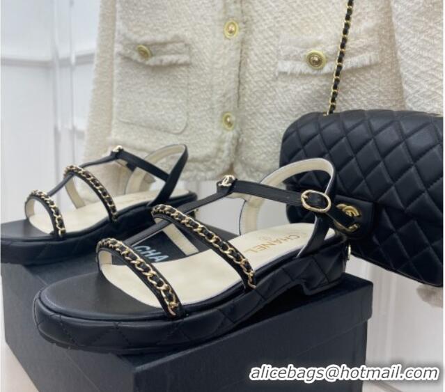 Good Product Chanel Calfskin Wedge Sandals with Chain 3cm Black 504089