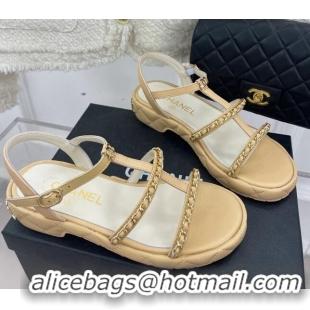 Classic Hot Chanel Calfskin Wedge Sandals with Chain 3cm Apricot 504090