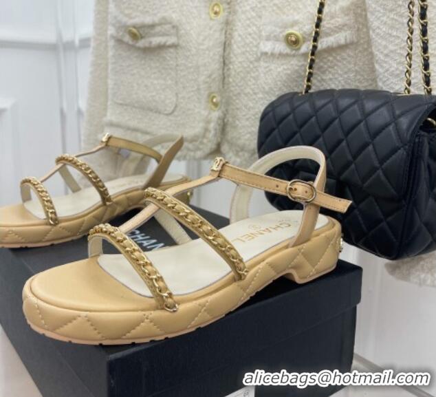 Classic Hot Chanel Calfskin Wedge Sandals with Chain 3cm Apricot 504090