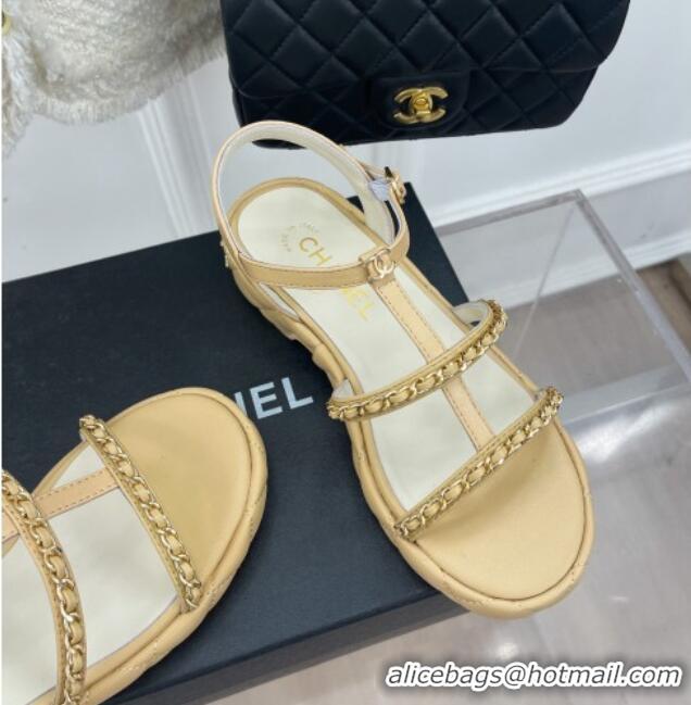 Classic Hot Chanel Calfskin Wedge Sandals with Chain 3cm Apricot 504090