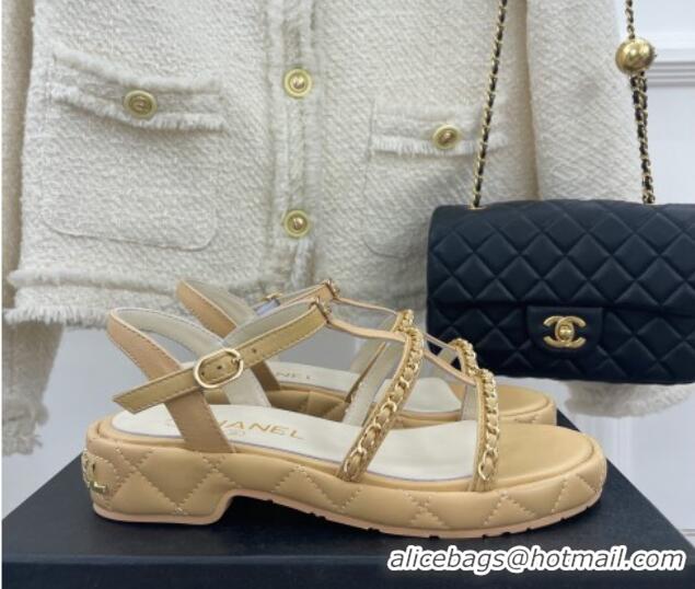 Classic Hot Chanel Calfskin Wedge Sandals with Chain 3cm Apricot 504090