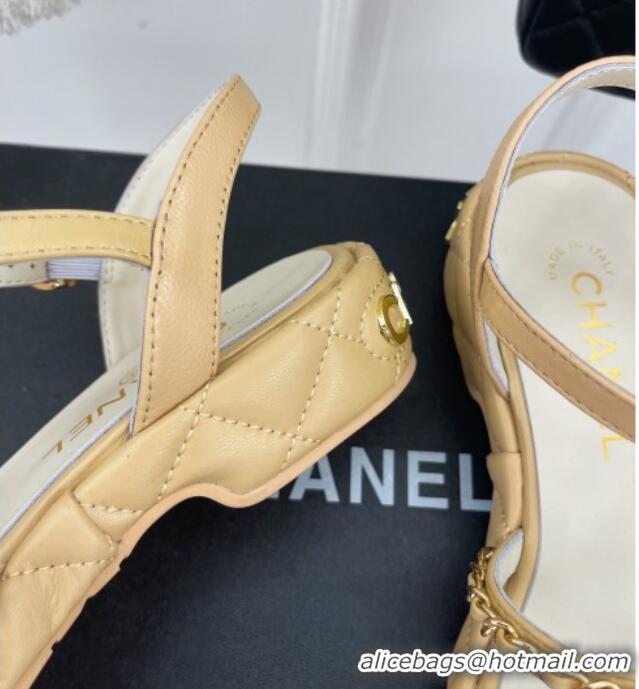 Classic Hot Chanel Calfskin Wedge Sandals with Chain 3cm Apricot 504090