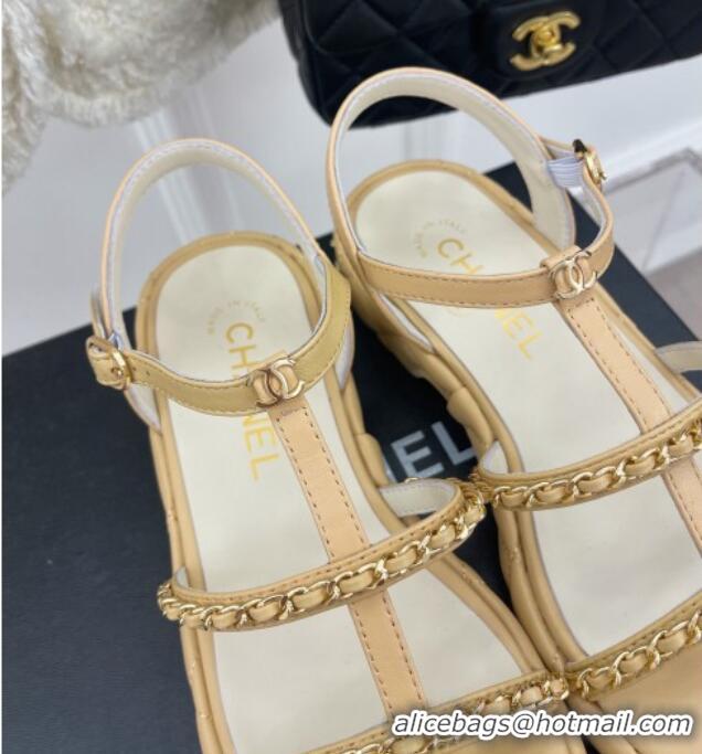 Classic Hot Chanel Calfskin Wedge Sandals with Chain 3cm Apricot 504090