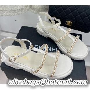 Best Grade Chanel Calfskin Wedge Sandals with Chain 3cm White 504091