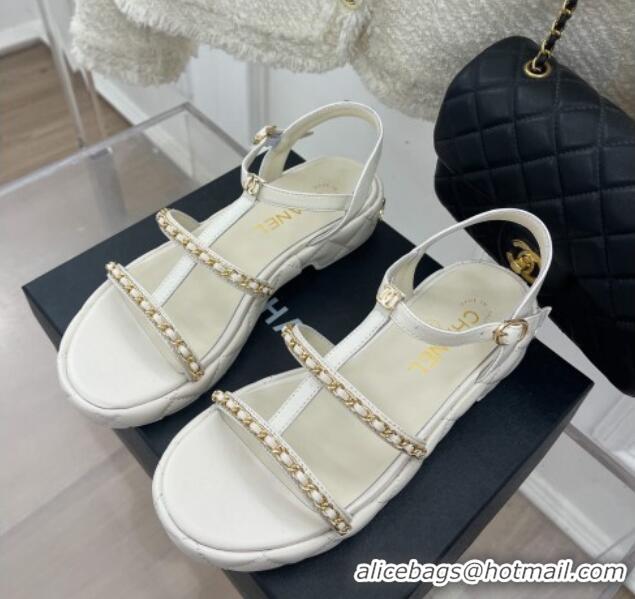 Best Grade Chanel Calfskin Wedge Sandals with Chain 3cm White 504091