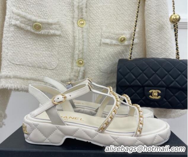 Best Grade Chanel Calfskin Wedge Sandals with Chain 3cm White 504091