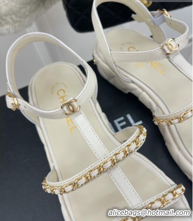 Best Grade Chanel Calfskin Wedge Sandals with Chain 3cm White 504091