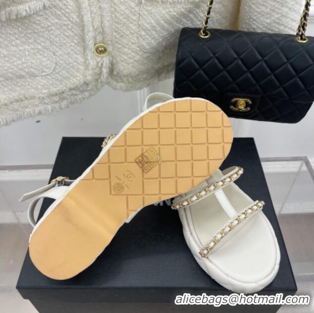 Best Grade Chanel Calfskin Wedge Sandals with Chain 3cm White 504091