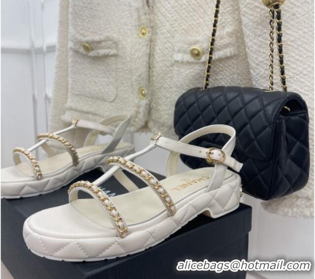 Best Grade Chanel Calfskin Wedge Sandals with Chain 3cm White 504091