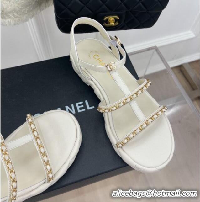 Best Grade Chanel Calfskin Wedge Sandals with Chain 3cm White 504091