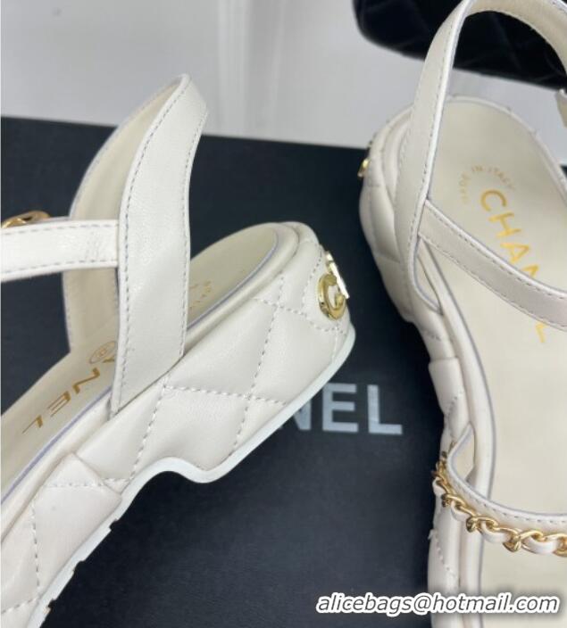 Best Grade Chanel Calfskin Wedge Sandals with Chain 3cm White 504091