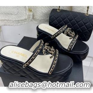 Pretty Style Chanel Lambskin Wedge Slide Sandals 7.5cm with Chain CC Black 505001