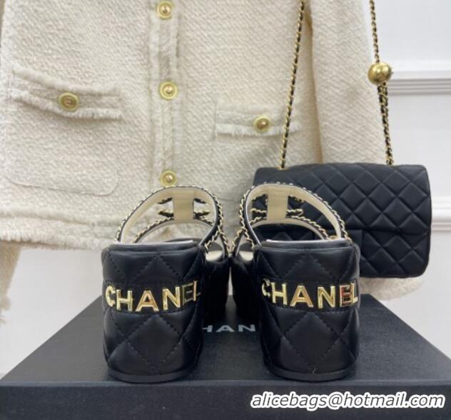 Pretty Style Chanel Lambskin Wedge Slide Sandals 7.5cm with Chain CC Black 505001