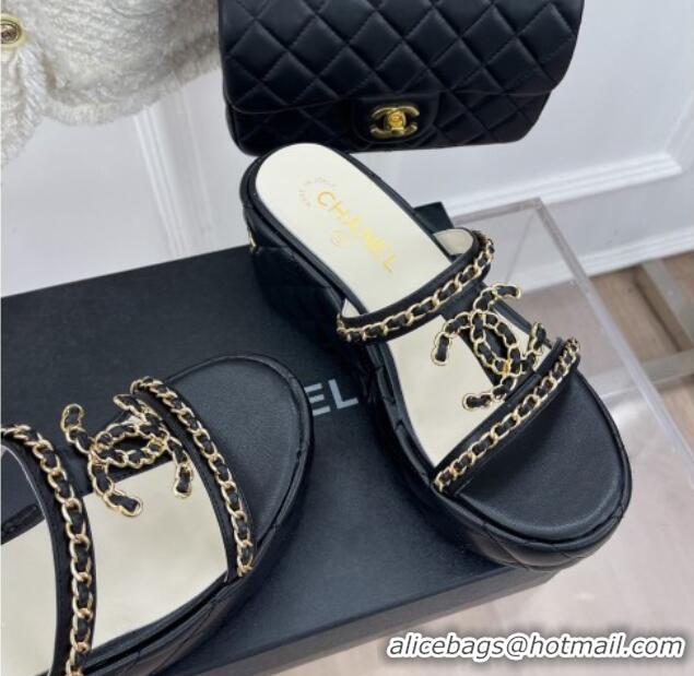 Pretty Style Chanel Lambskin Wedge Slide Sandals 7.5cm with Chain CC Black 505001